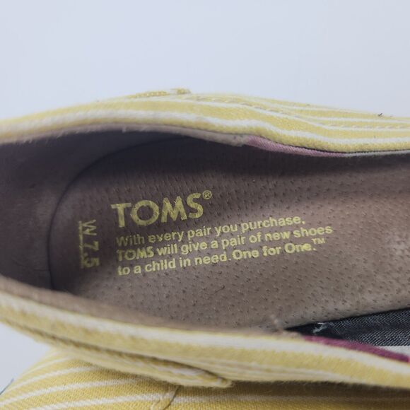 Toms Shoes Womens 7.5 Yellow Striped Fabric Wedge Cork Heels Peep Toe Slip On - Picture 10 of 10